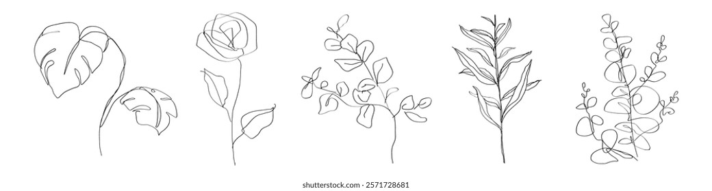 Minimalist line art of flowers. Simple floral sketches in black and white. Elegant line drawings of flowers, showcasing delicate and artistic floral designs. Aesthetic illustrations, vector set.