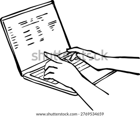 A minimalist line art focus on human hands typing on a laptop keyboard, representing digital work, programming, or online blogging.