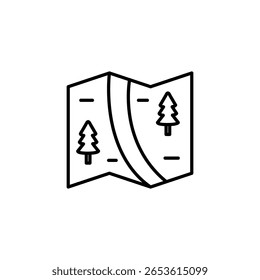 Minimalistische Linienkunst einer gefalteten Karte, die einen Waldweg darstellt