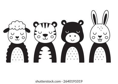 Minimalist line art of four adorable animals—sheep, tiger, hippopotamus, and rabbit—illustrated in a cute black and white style. Perfect for nursery prints, kids’ coloring books, baby shower designs, 