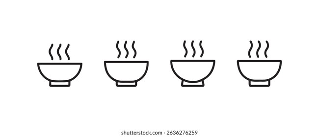 Minimalist line art of four steaming soup bowls in sequence.
