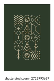 Minimalist line art geometric forest illustration. Minimalist Bauhaus style with solid and line art tree shapes. Modern organic vector design for wall decor, covers, and eco-friendly branding.