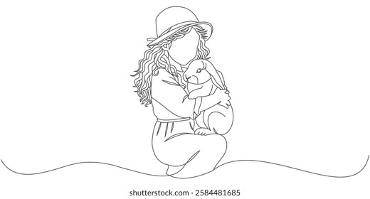 Minimalist Line Art of Girl Hugging a Rabbit - Elegant Animal Illustration	