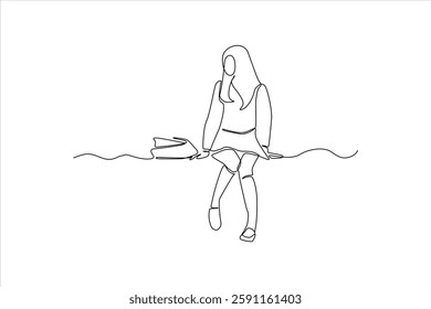 Minimalist line art of a girl sitting by the water with a paddle, serene backdrop