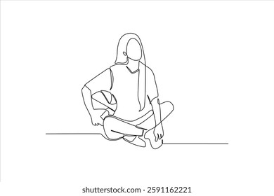 Minimalist line art of a girl sitting with a basketball, showcasing a calm atmosphere