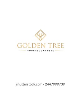 Minimalist line art GOLDEN TREE plant logo design 