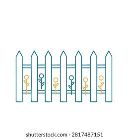 Minimalist line art graphic featuring a white wooden fence section with stylized yellow and blue flowers growing between the vertical pickets on a white background