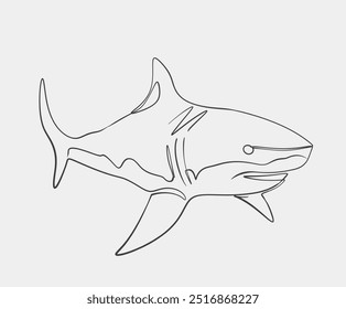 Minimalist Line Art of Great White SharkOne-line drawing of a great white shark, capturing its fierce and streamlined form in a minimalist, abstract art style.