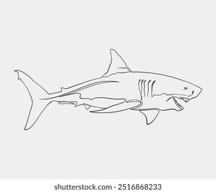 Minimalist Line Art of Great White SharkOne-line drawing of a great white shark, capturing its fierce and streamlined form in a minimalist, abstract art style.