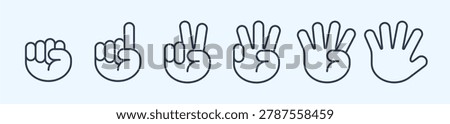 Minimalist Line Art Hand Counting Finger Gestures. Vector Set of Outline Hand Signs Showing Numbers Zero to Five in Modern Blue Line Style.