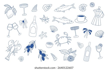 Minimalist line art. Hand drawn summer illustration set. Italian dolce vita. Vine, lemon, cocktails, sardines, seashells in doodle sketch style. Drawing ink. Concept vacation ocean and travel. Vector