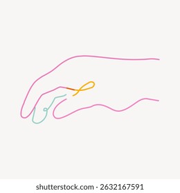 Minimalist line art of a hand holding a thread. Simple design with colorful lines. Elegant and abstract hand illustration on a plain background. Line art illustration vector.