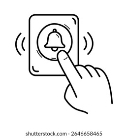 Minimalist line art of a hand pressing a doorbell button with bell icon. Clean, black and white illustration perfect for alerts, notifications, home security, or smart home design.