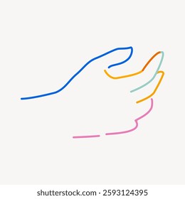 Minimalist line art of a hand in various colors. Simple hand design with colorful lines. Abstract hand illustration with vibrant line art. Doodle illustration vector.