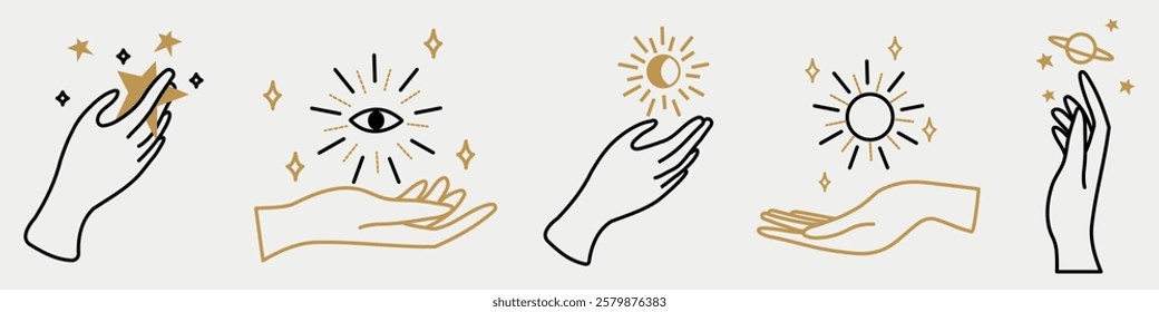 Minimalist line art of hands with celestial symbols. Hands holding stars and planets. Elegant, mystical, celestial theme with hands and symbols. Aesthetic spirituality vector illustration set.