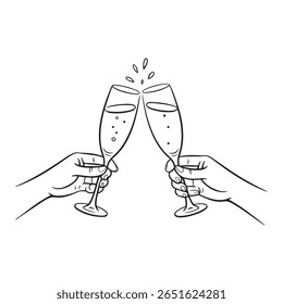 Minimalist Line Art of Hands Clinking Champagne Glasses