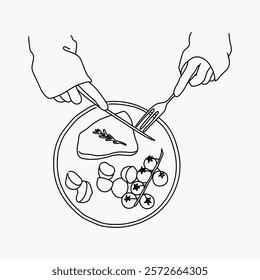 Minimalist line art of hands cutting food on a plate. Simple design with tomatoes, herbs, and sliced items. Elegant and clean illustration. Simple black line art doodle vector.