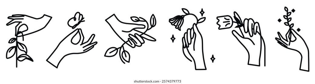 Minimalist line art of hands holding flowers and leaves. Elegant hands, delicate flowers, and leaves create an artistic vibe. Simple, artistic design. Aesthetic spirituality vector illustration set.