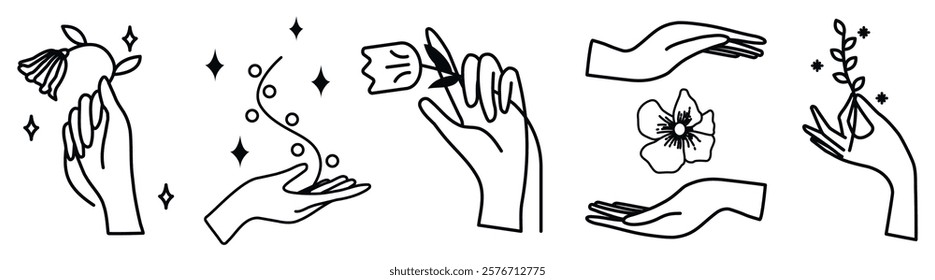 Minimalist line art of hands holding flowers. Delicate hands, florals, and simple lines create an elegant, artistic design. Floral, hands, line art. Aesthetic spirituality vector illustration set.