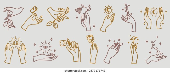 Minimalist line art of hands holding flowers, sun, moon, and stars. Delicate hands and celestial themes. Elegant hand illustrations with nature and celestial. Aesthetic spirituality vector set.