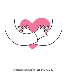 Minimalist Line Art Hands hugging heart Illustration – A Symbol of Love, Care, and Support. Perfect for self-awareness posters, mental health campaigns, relationship-themed designs.