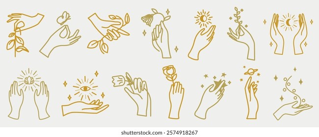 Minimalist line art of hands with nature elements like leaves, flowers, and celestial symbols. Elegant and simple hand illustrations with nature themes. Aesthetic spirituality vector illustration set.