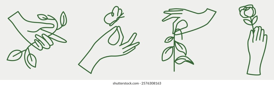 Minimalist line art of hands with nature elements: leaves, butterfly, water drop, rose. Simple, elegant, nature-themed hand illustrations. Aesthetic spirituality vector illustration set.