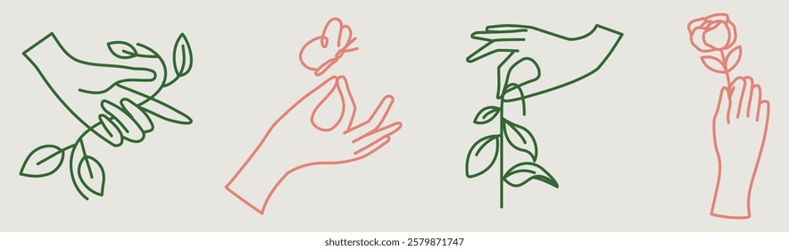 Minimalist line art of hands and with nature. Hands with leaves, hands with a butterfly, and hands with a rose. Simple, elegant, and nature-themed design. Aesthetic spirituality vector illustrations.