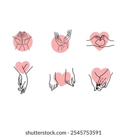 Minimalist line art of hands showing romantic gestures, including heart shapes, holding hands, and pinky promises, with pink heart backgrounds.