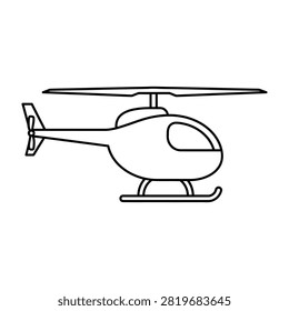 Minimalist line art of a helicopter viewed from the side. This simple sketch includes rotor blades, tail fin, and skids. Ideal for infographics, web design, and educational materials.