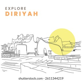 Minimalist Line Art of Historic Diriyah in Saudi Arabia with Yellow Accent Sun

