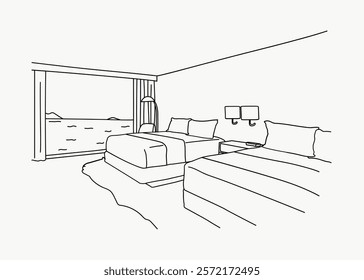 Minimalist line art of a hotel room with two beds, ocean view, and simple decor. Clean lines and serene atmosphere in this hotel room illustration. Simple black line art doodle vector.