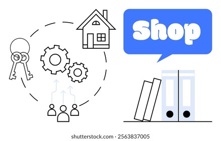 Minimalist line art with house, gears, keys, and folders. Ideal for business, real estate, organization, teamwork, and shops. Blue and black colors with a clean, contemporary design style