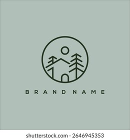 minimalist line art house with pine tree and sun vector logo