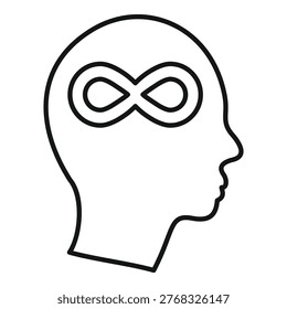 Minimalist line art of a human head profile thinking with an infinity symbol, representing limitless thinking, infinite possibilities, and boundless potential