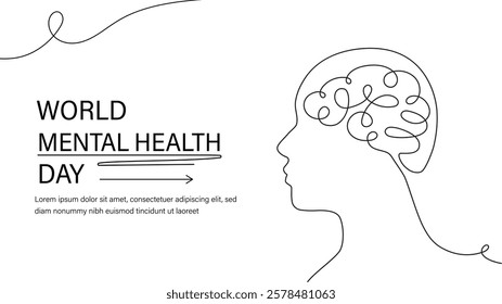 Minimalist line art of a human profile with a brain design, text World Mental Health Day on white background. Concept of mental health awareness. Vector illustration