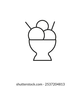 Minimalist Line Art of Ice Cream Sundae in Bowl with Two Sticks.