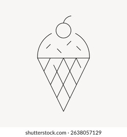 Minimalist line art of an ice cream cone with a cherry on top. Simple ice cream design with geometric patterns. Ice cream and cherry illustration. Line art illustration vector.