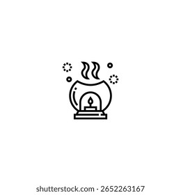 Minimalist line art icon of an aromatherapy oil burner with candle and steam, representing relaxation, wellness, and holistic healing. Ideal for spa, self-care, and home fragrance concepts. Isolated o