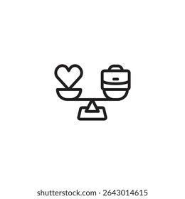 A minimalist line art icon of a balanced scale with a heart on one side and a suitcase or bag on the other, suggesting a balance between relationships and vacation.