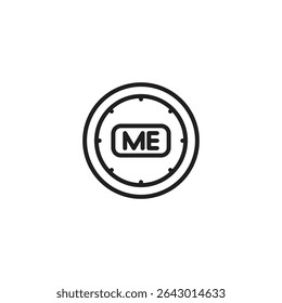 A minimalist line art icon of a circular shape with the letters "ME" centered inside a rounded rectangle. Could represent a personal brand, self-identity, or a "me" button.