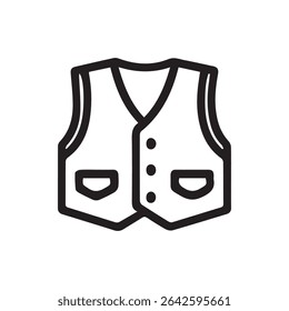 Um ícone de arte de linha minimalista de um colete clássico com botões e bolsos pequenos, perfeito para representar moda ou trajes formais em desenhos e ilustrações.