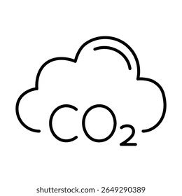Ícone minimalista da arte em linha de uma nuvem de CO2, representando emissões de dióxido de carbono, poluição do ar e mudança climática isolada em um fundo branco. 