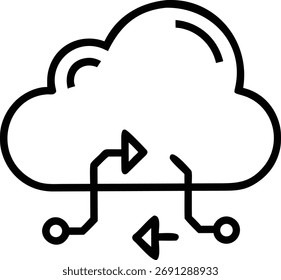 A minimalist line art icon of cloud computing technology, featuring a cloud shape with arrows and circuit connections, isolated on a white background for clarity.