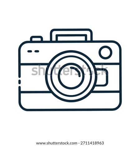Minimalist Line Art Icon of a Compact Camera with Lens and Flash Keywords camera, icon, line art, minimalist, compact, photography, lens, flash