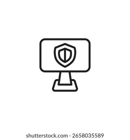 Un icono minimalista de arte lineal de un monitor de computadora con un símbolo de escudo en su pantalla, que representa la seguridad informática o la protección de datos.