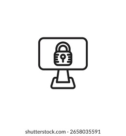 Um ícone de arte de linha minimalista de um monitor de computador com um símbolo de cadeado na tela, indicando um computador protegido ou tela bloqueada.