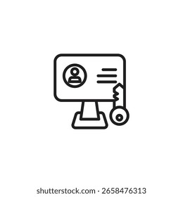 Un ícono minimalista de arte lineal de un monitor de computadora que muestra un perfil de usuario con texto y un símbolo clave, lo que sugiere una configuración de supervisión remota o un Inicio de sesión seguro.