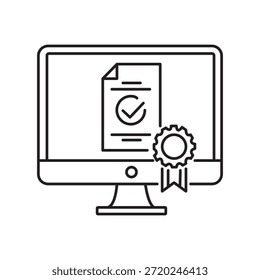 Icono minimalista de un monitor de computadora que muestra un documento verificado con una cinta de mérito oficial. Esta Ilustración vectorial representa la certificación digital, el cumplimiento de la calidad en línea y los estándares comerciales profesionales.