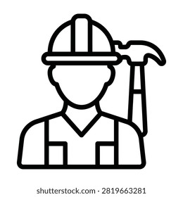 Minimalist line art icon of a construction worker wearing a safety helmet and holding a hammer. Represents the building industry, manual labor, contractors, and repair services.